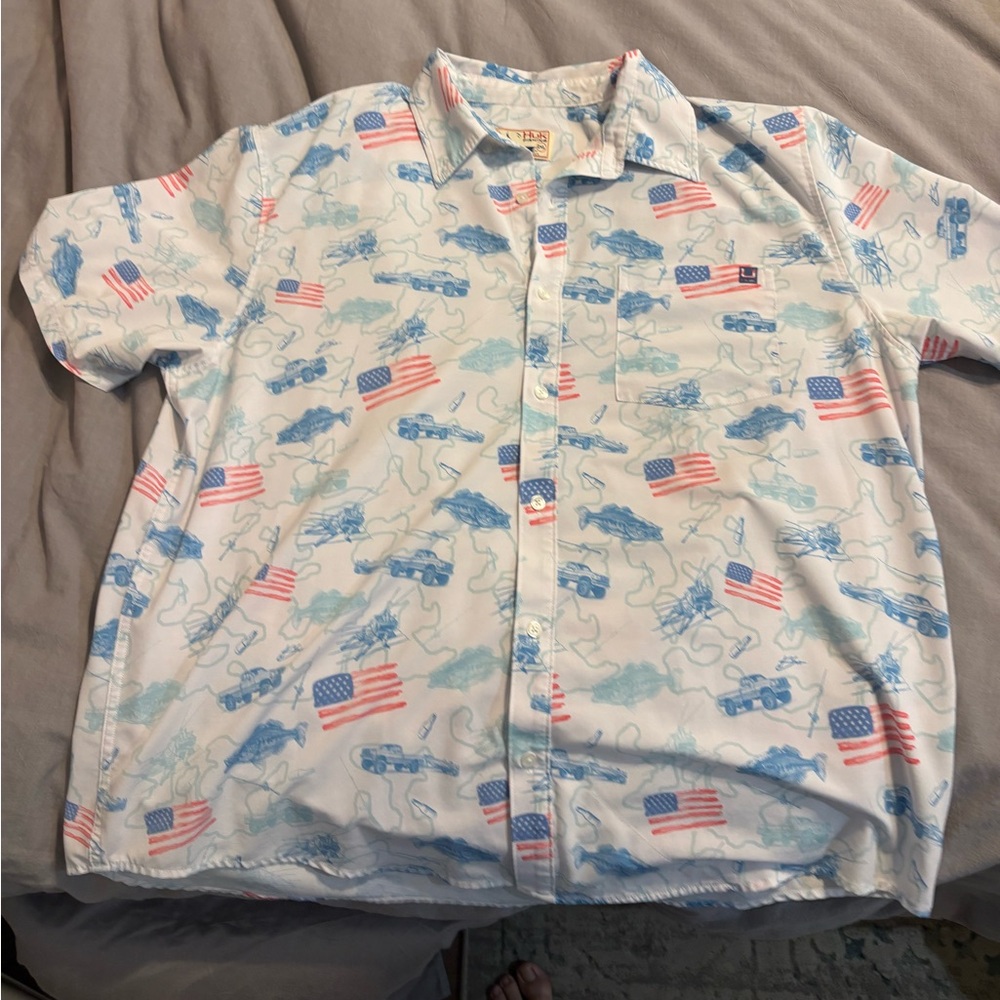 Huk Patriotic Graphic Fishing Shirt - Red, White, and Blue